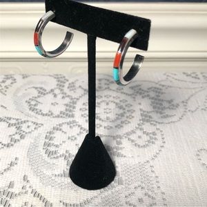J.C. Chico Hand Crafted Native American silver turquoise coral 1” hoop earrings